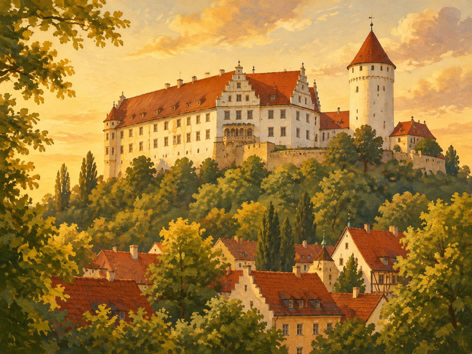 Die Burg Trausnitz thront im Abendlicht hoch über Landshut